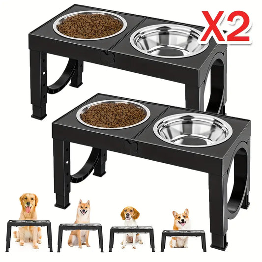 2 Set [Adjustable Elevated Dog Bowls], Foldable Design Raised Dog Bowls with 4 Stainless Steel Bowls
