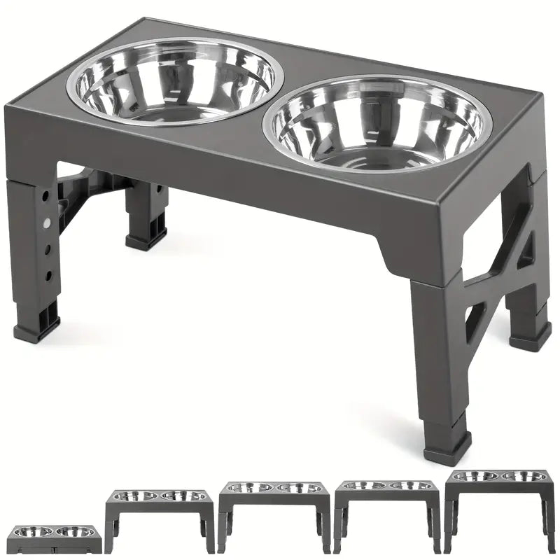 Elevated Dog Bowl Stand with 2 Stainless Steel Bowls - 5 Adjustable Heights (3.15" to 12.2")