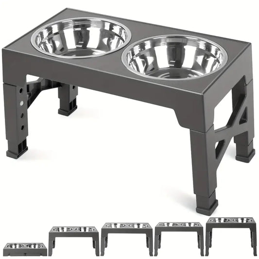 Elevated Dog Bowl Stand with 2 Stainless Steel Bowls - 5 Adjustable Heights (3.15" to 12.2")
